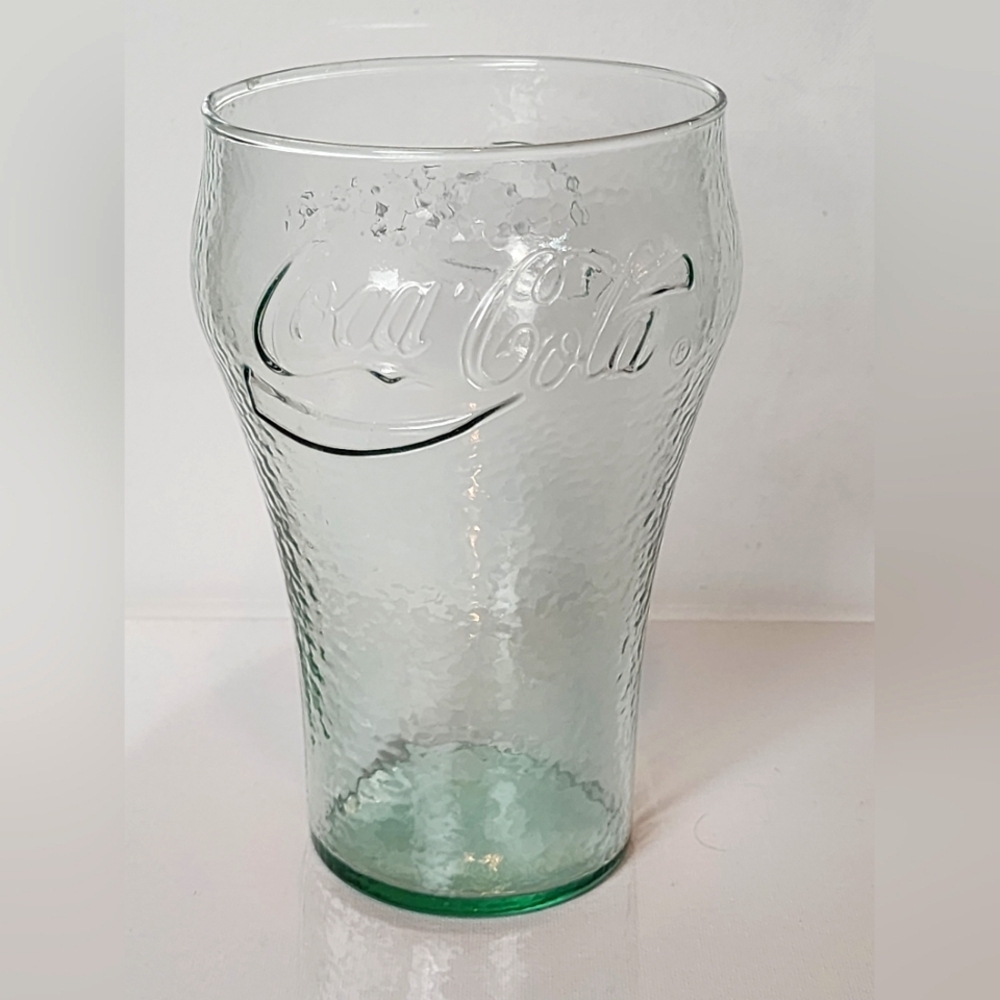 Vintage Coca-Cola Embossed Glass 7" Tall Hammered Green Tint Retro Drinkware